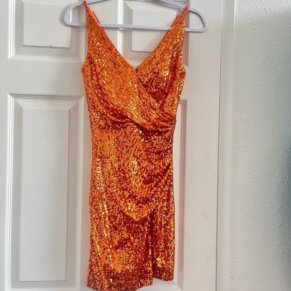 brand new never worn: dress the population orange sequin mini wrap dress